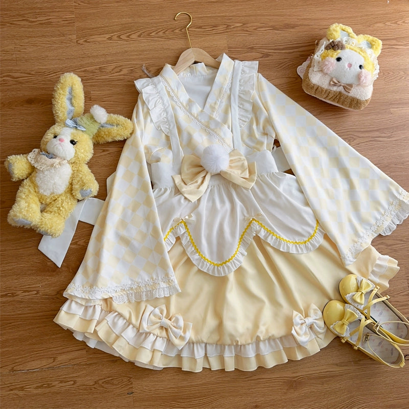 Hanguliang - Kawaii Lolita OP Dress Maid Lolita Summer Dress Yellow (skirt + top + apron + waist bow) S