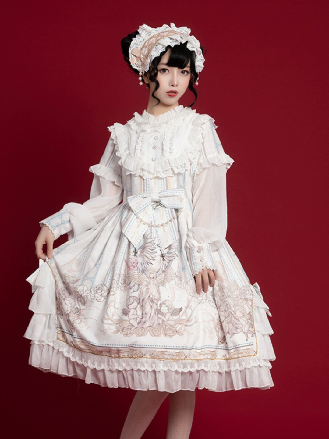 OCELOT~Classic Lolita OP Elegant Daily Lolita Dress White with hairband S 