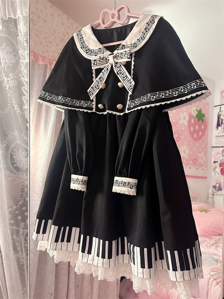 Piano Serenade - Old School Lolita Cape Layered Dress, Musical Note Embroidery 45785:862527