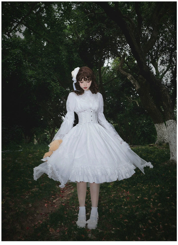 With PUJI~Anhunmeng~Gothic White Lolita OP With Boned Corset Waistband   