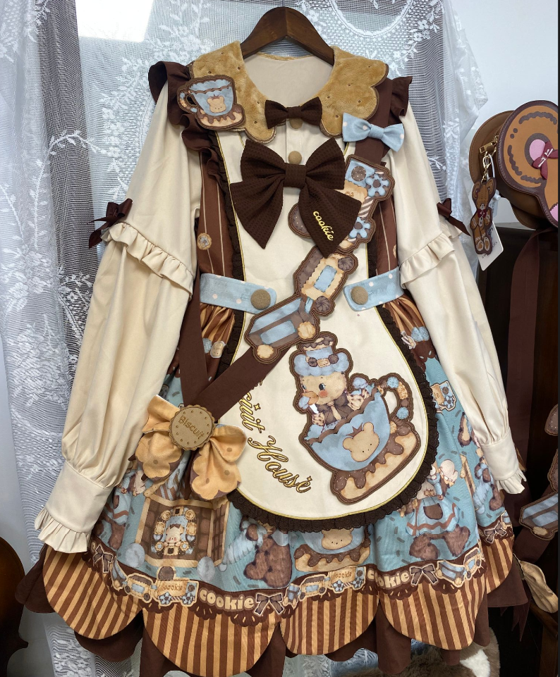 Star Fantasy~Bear Biscuit~Sweet Lolita Dress Winter Lolita OP and Salopette S OP KC Full Set-mint green color