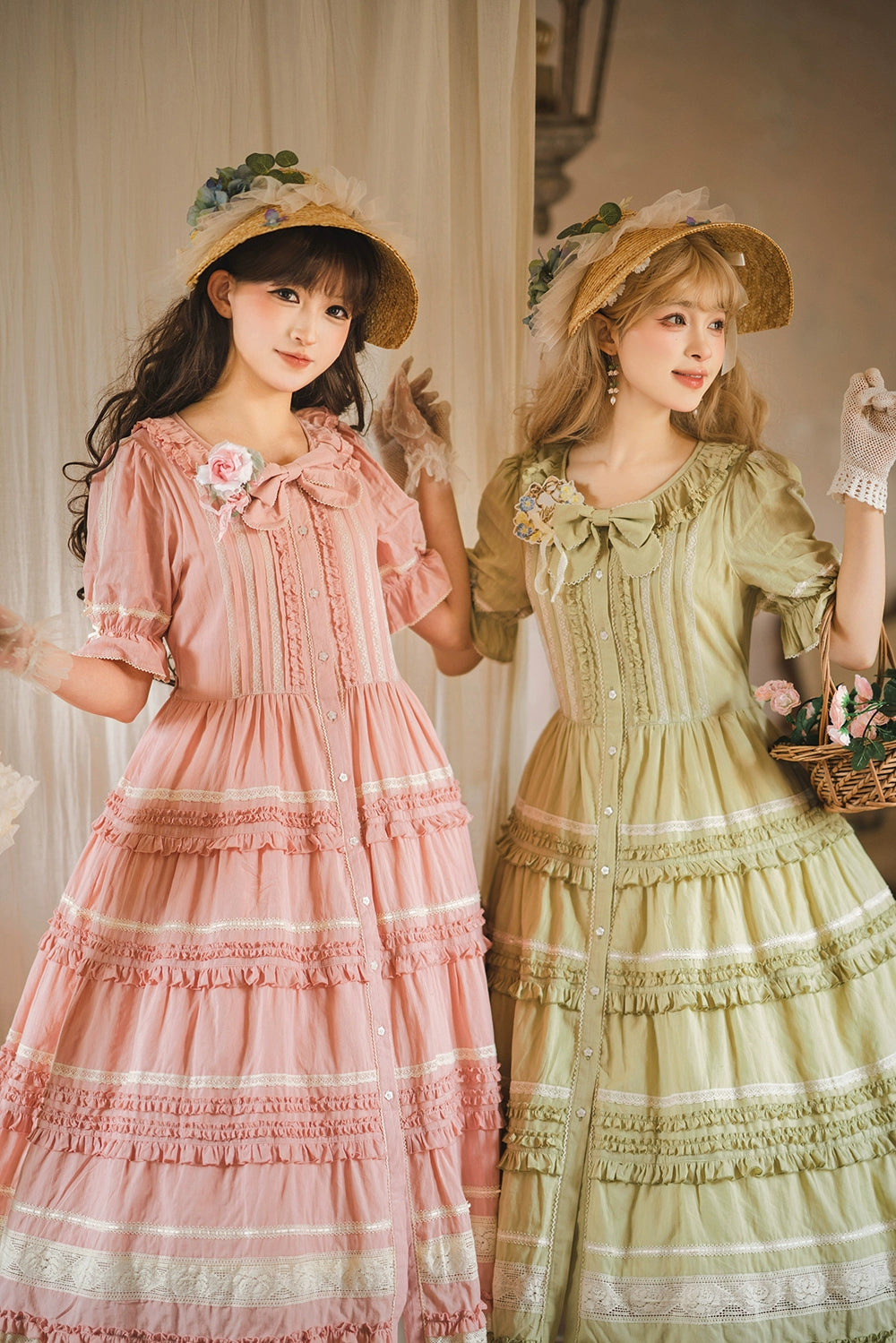 Miss Point~Cat Rose Tea~Elegant Lolita OP Open-front Short Sleeve Tiered Dress