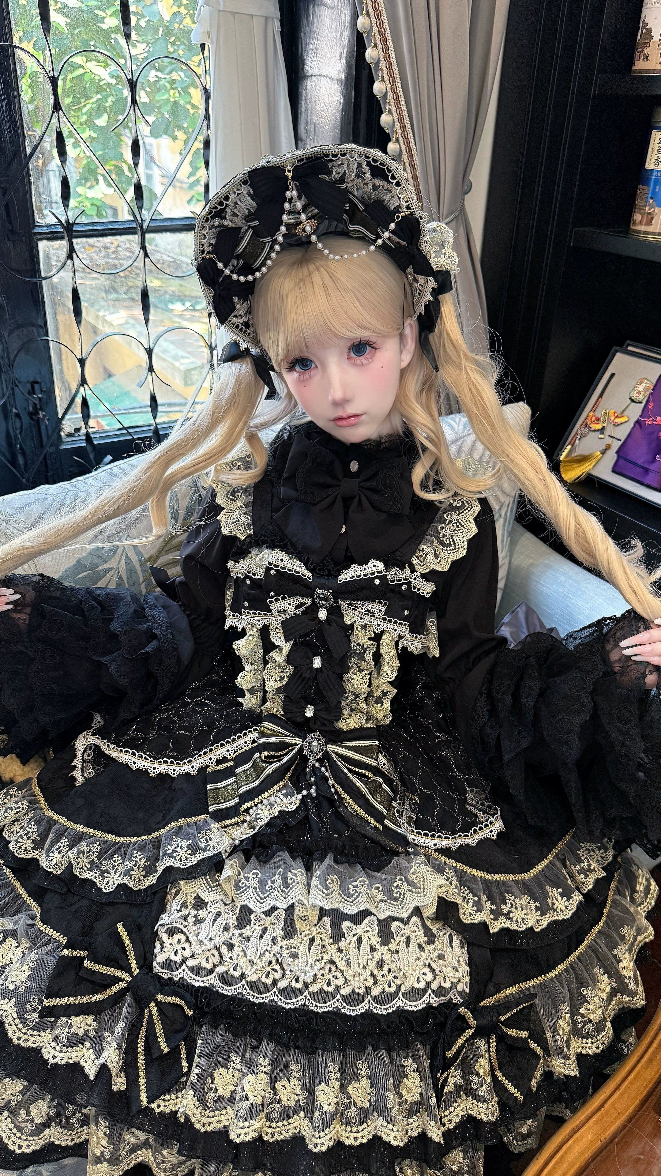 Hanguliang - Gem Crown - Sweet Lolita JSK Suit Tiered Ruffles Doll-Like Dress and BNT 42610:768037