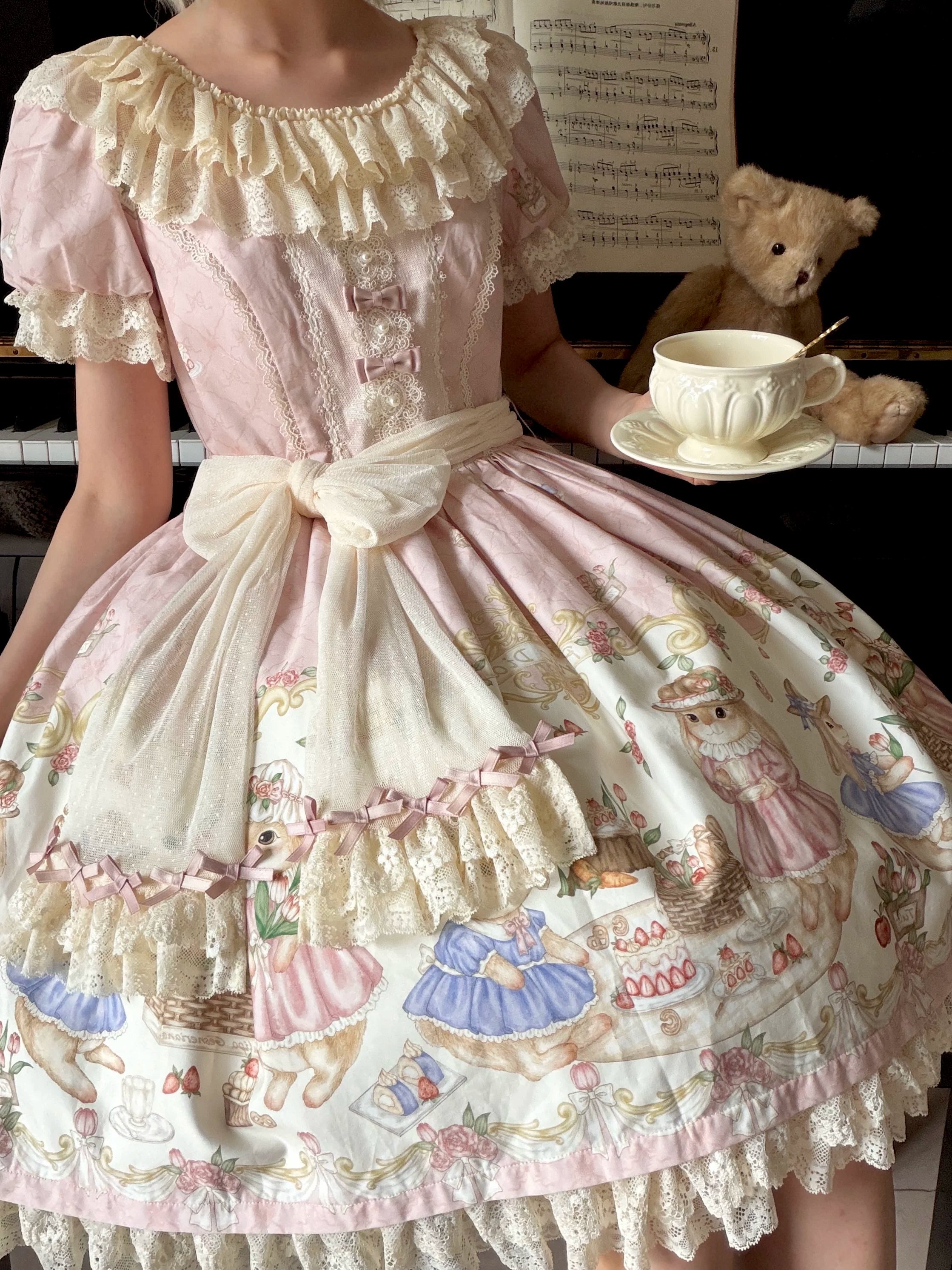 Picnic Bunny - Cotton Daily Doll-like Lolita OP Dress, Bunny Print 45670:857985
