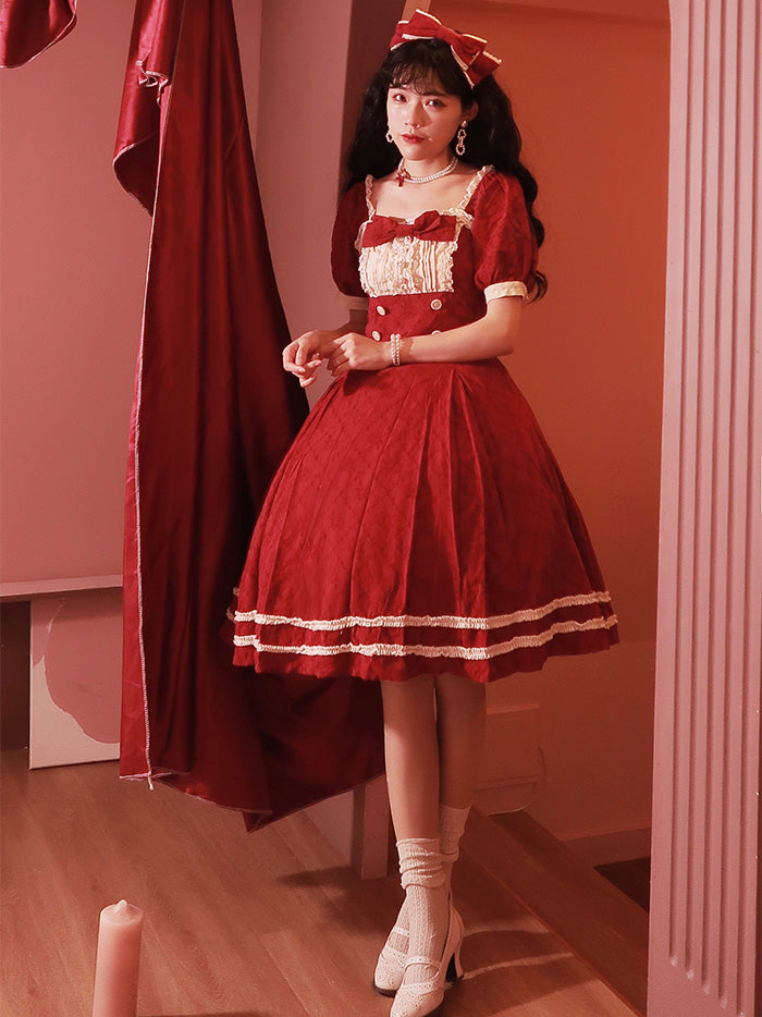 (BFM)Aurora Borealis~Rose Waltz~Classic Lolita Square Neckline Six-piece Cut OP Dress XS solid color burgundy jacquard 