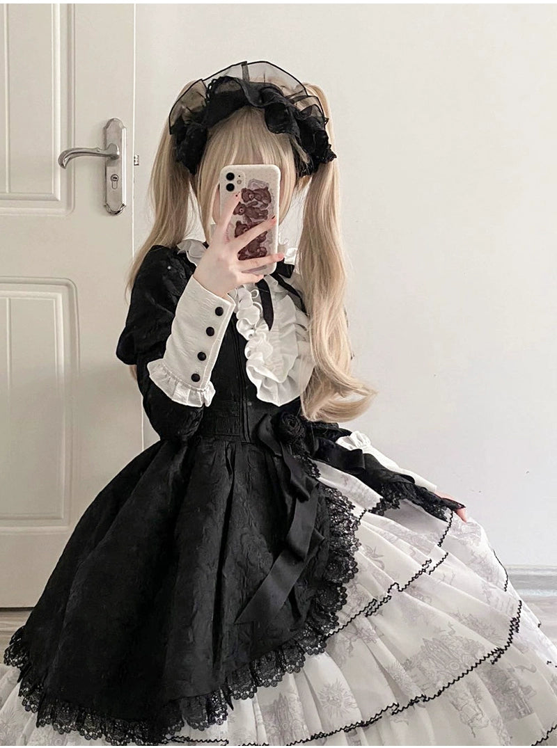 Buling Moon~Vintage Elegant Lolita OP Dress Black White Dress S Black OP + Top Hat 