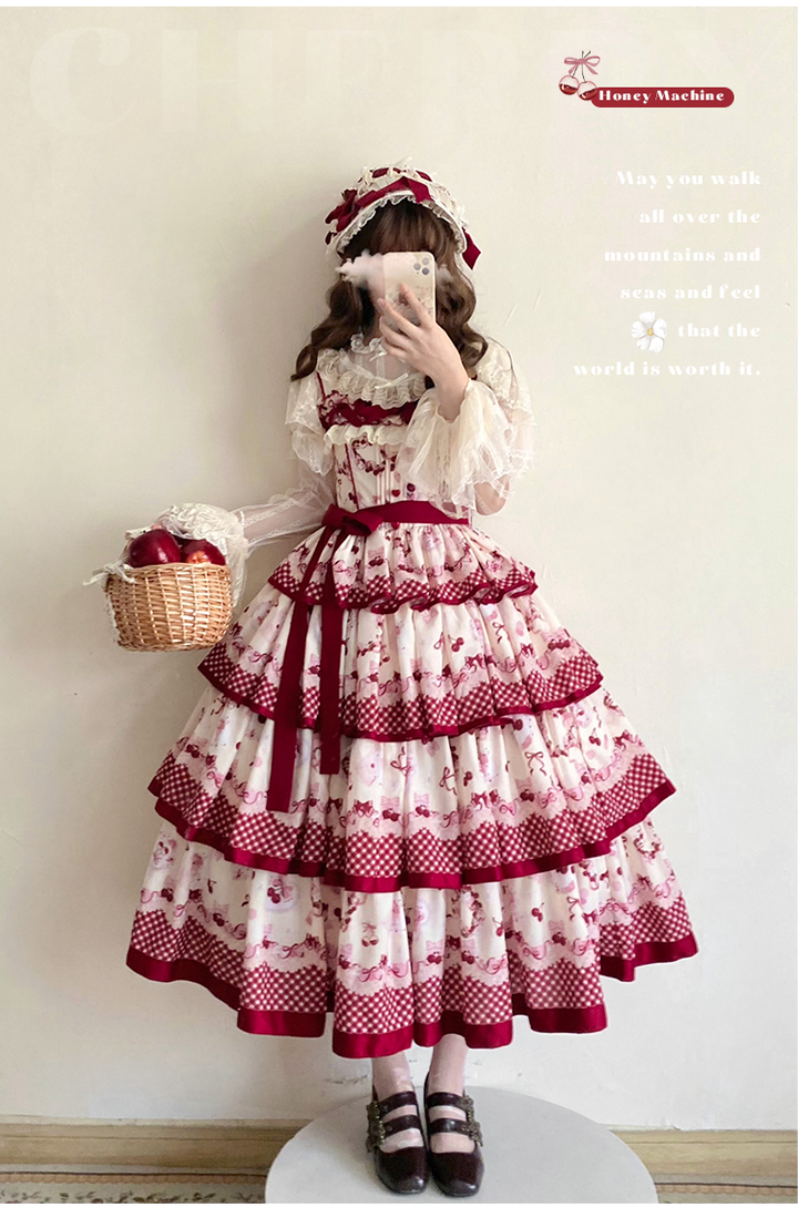 Honey Machine~Ripe Cherry~Country Lolita JSK Dress With Tiered Skirt and Cherry Print