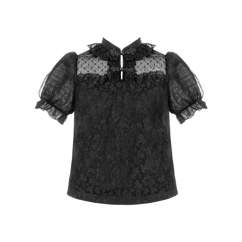 With PUJI~Moon Gauze~Qi Lolita Blouse Chinese Style Shirt S Black short-sleeved shirt 