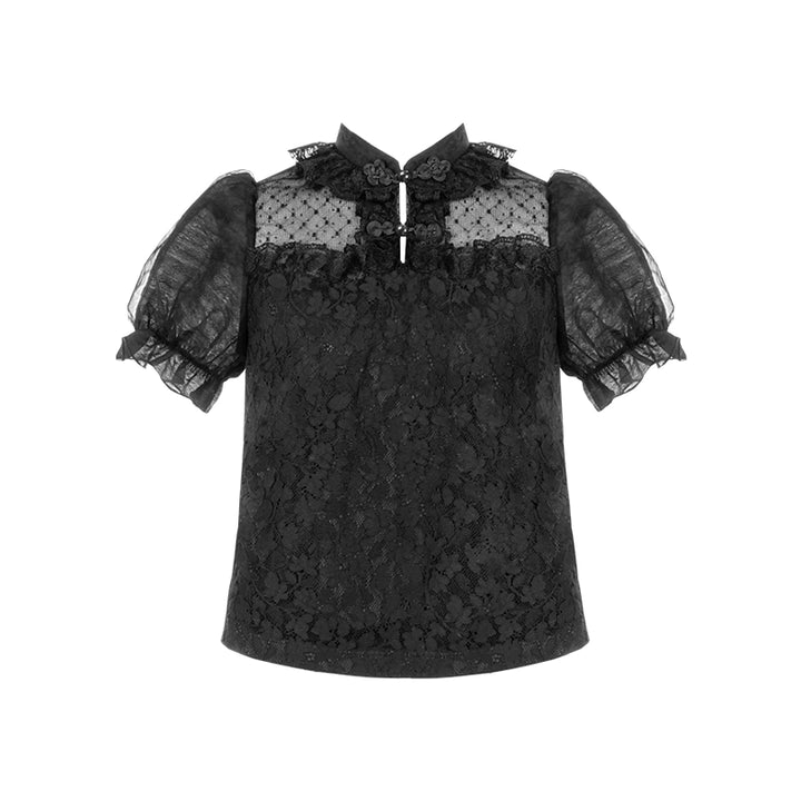 With PUJI~Moon Gauze~Qi Lolita Blouse Chinese Style Shirt S Black short-sleeved shirt 