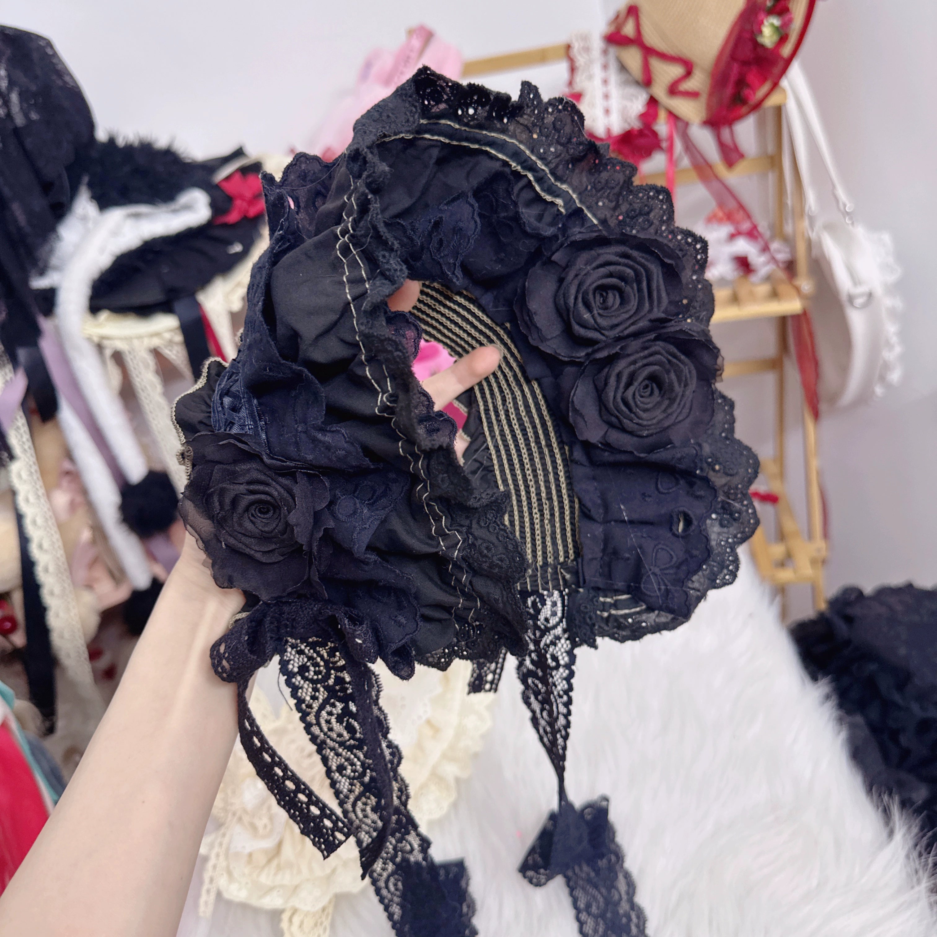 Chestnut Lolita - Handmade Cotton Lolita Bonnet Rose Elements BNT