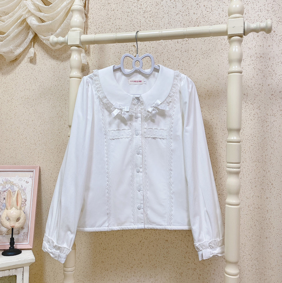 MIST~Grace Deer~Sweet Lolita Blouse with Peter Pan Collar and Long Sleeves White - Thin Version S