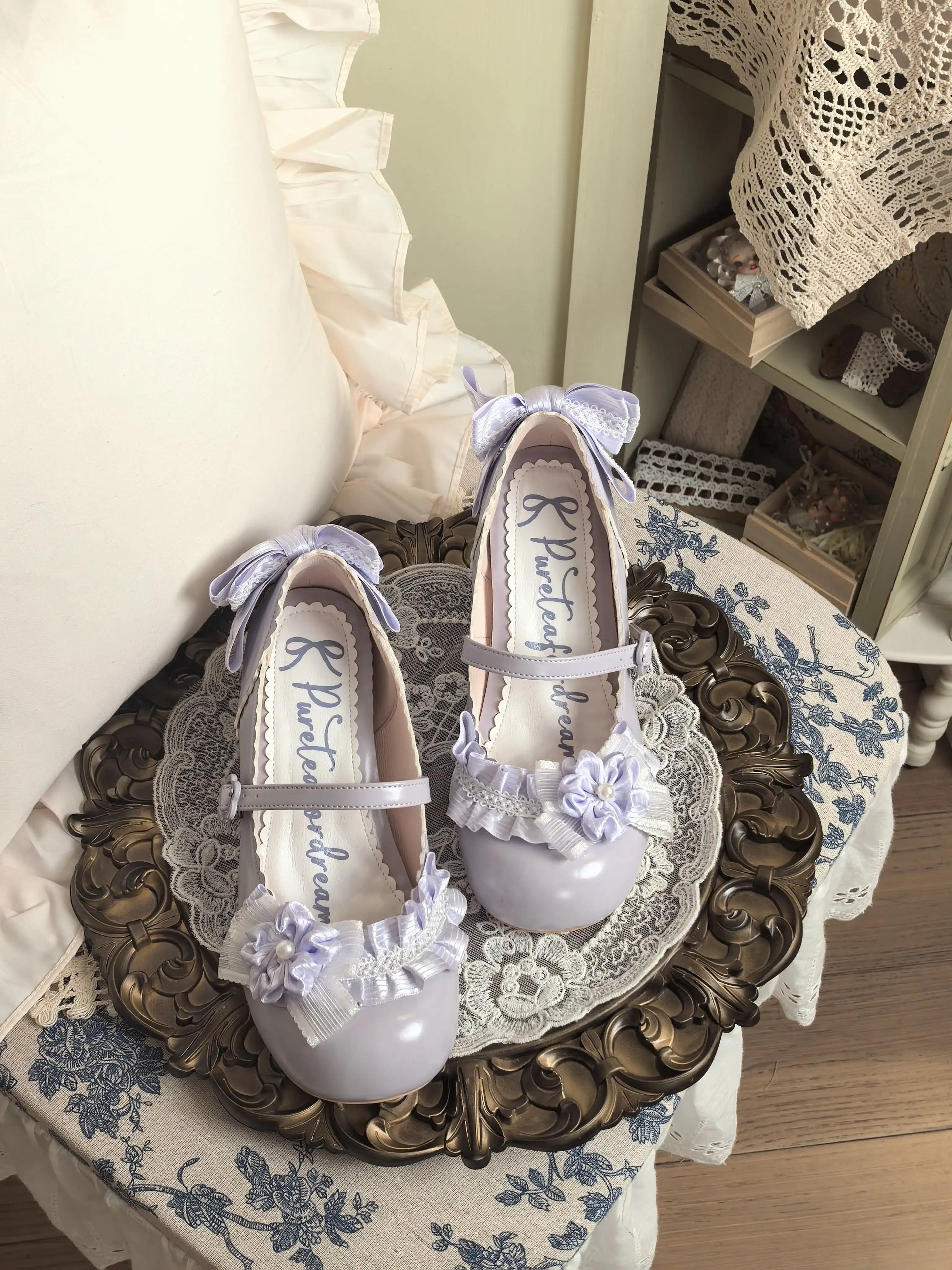 Moonlit Sakura - Sweet Lolita Round-toe Heel Shoes, Floral Accent (35 36 37 38 39 40) 45385:846006