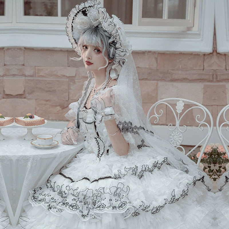 Cat Fairy~Dark Starry Night~Wedding Lolita Jumper Dress Black And White Tea Party Dress