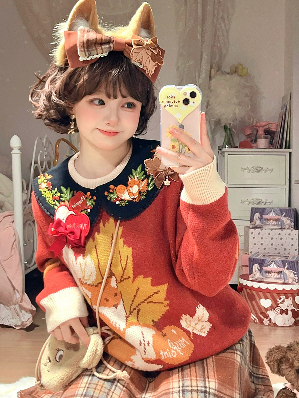 (BFM)Miss Point~Fat Fox in the Forest~Kawaii Lolita Accessories Knitted Fox Scarf Embroidered Faux Collar   