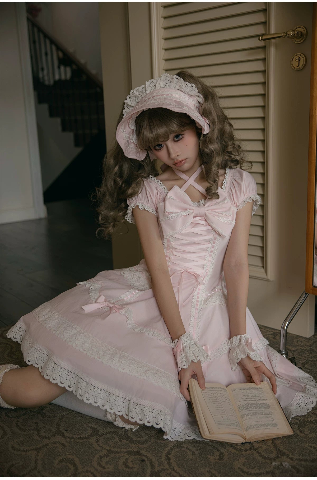 Showa Sweetheart - Old School Lolita OP Dress, Ruffled Lace Hem 45887:866788
