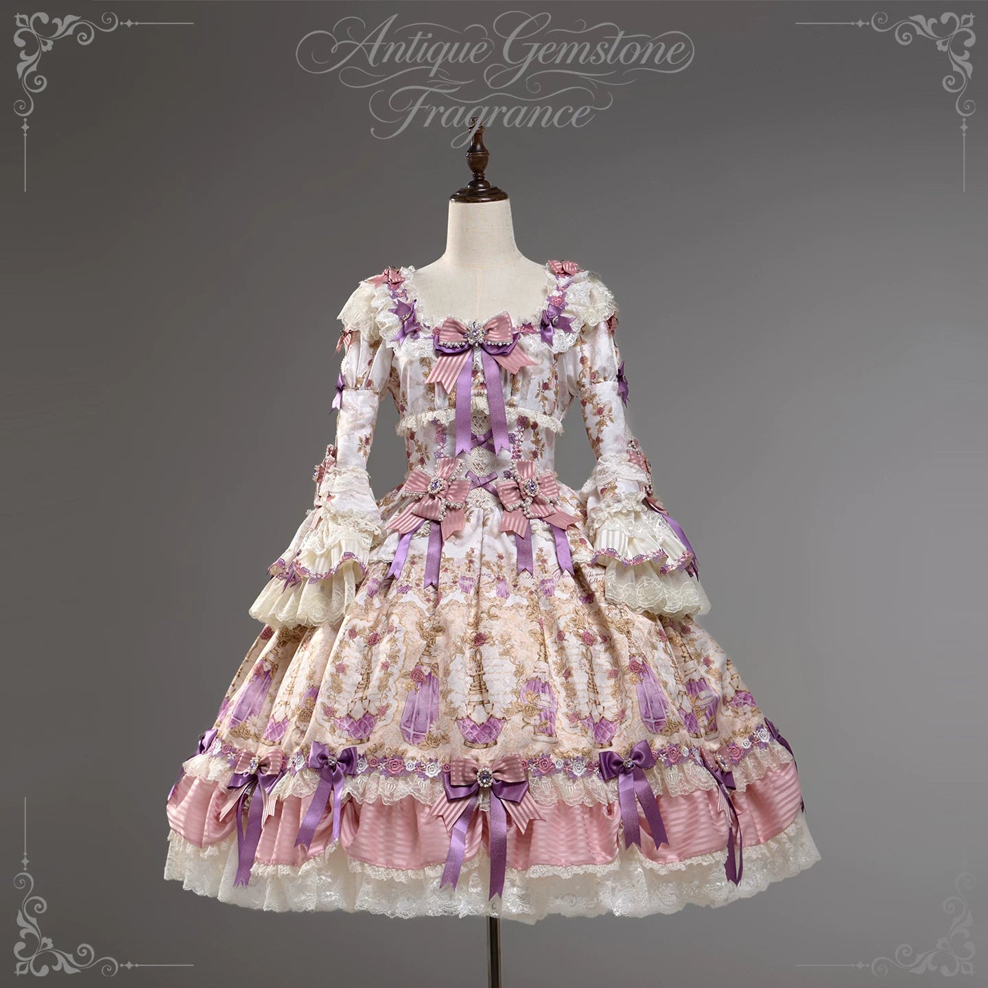 Antique Gem Fragrance - Gorgeous Classic Lolita Dress Set, Floral and Bottle Print (L M S XL XS) 45483:851725
