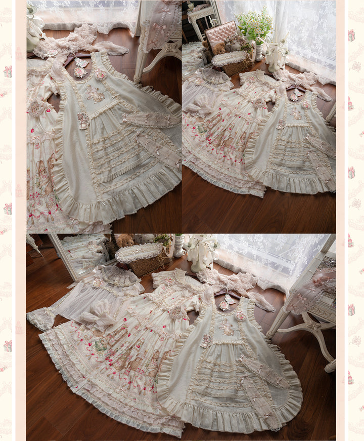 MEEKWIND~Dessert Bunny~Kawaii Lolita Dress Suit Bunny Printed OP and Tiered Ruffle JSK 42175:735322