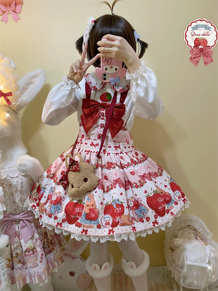 To Alice~Spring Strawberry Bunny~Kawaii Lolita Salopette Dress Hooded Coat and Blouse