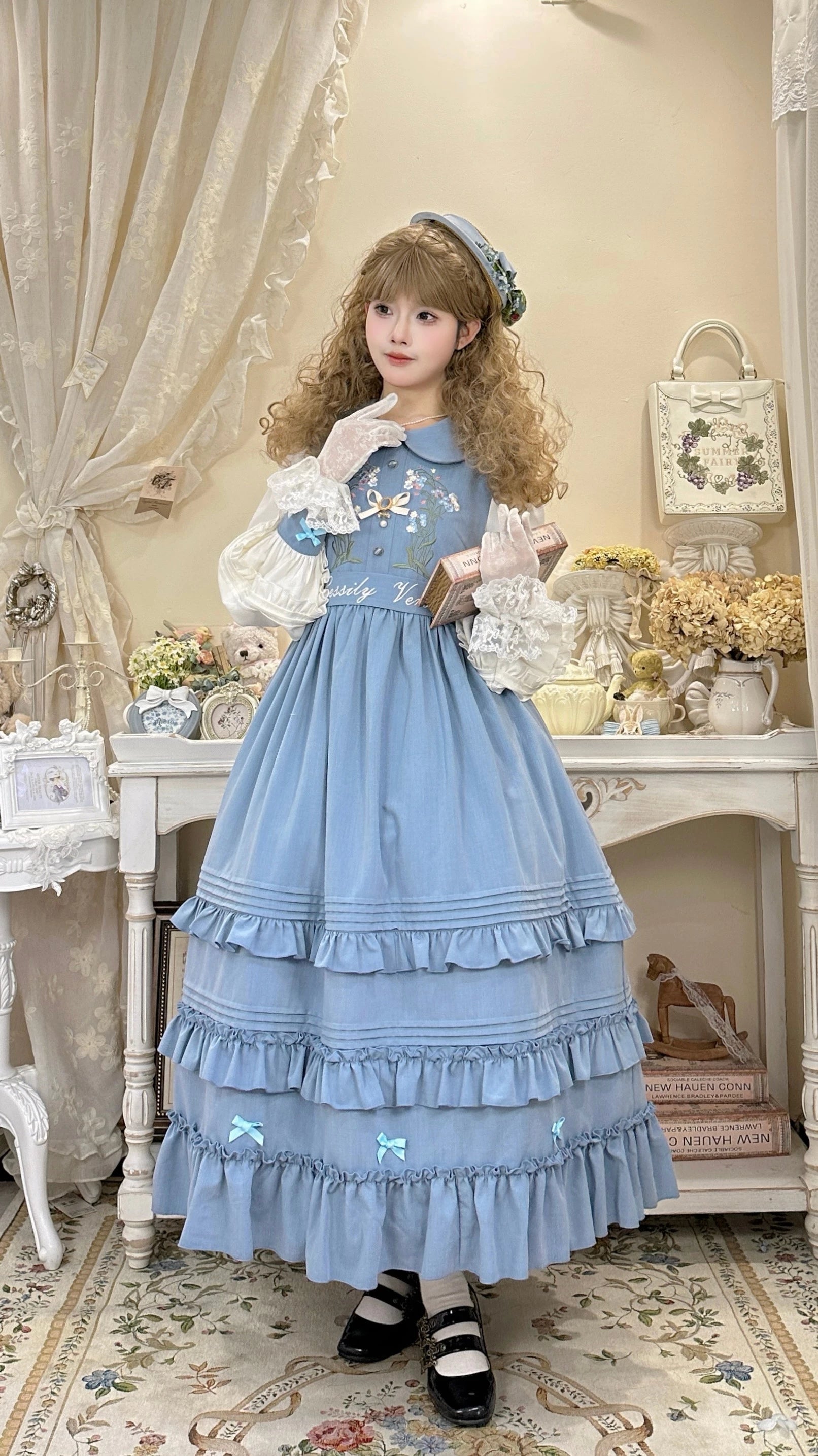 Verdant Name - High-waisted Classic Lolita Dress, Embroidered Bellflower Sky Blue Dress Only S