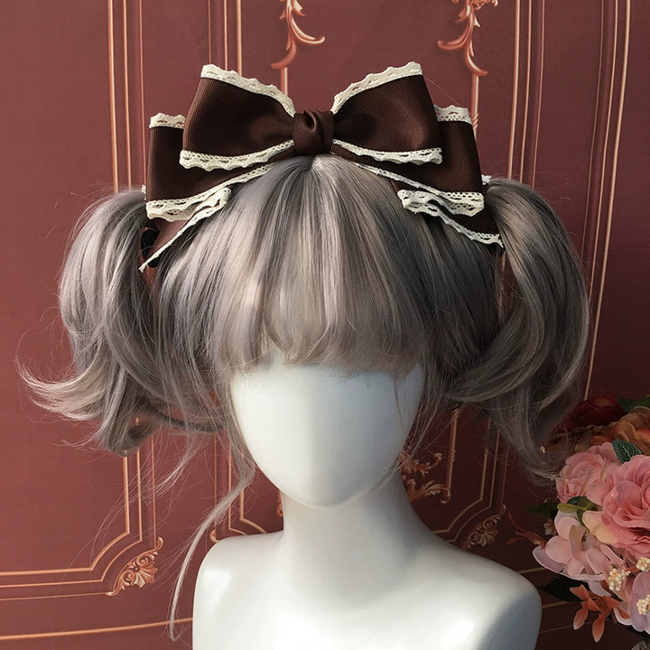 Qingyi Handmade~Sweet Lolita KC Multicolor Bow Lolita Headwear Coffee with off-white lace  