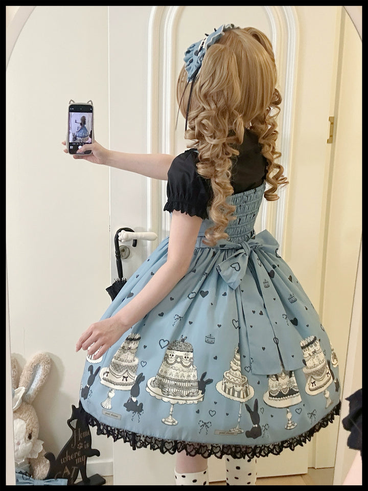 Sweet Dream Sheep - Cake Bunny - Blue Sweet Lolita Dress, Bunny&Cake Print
