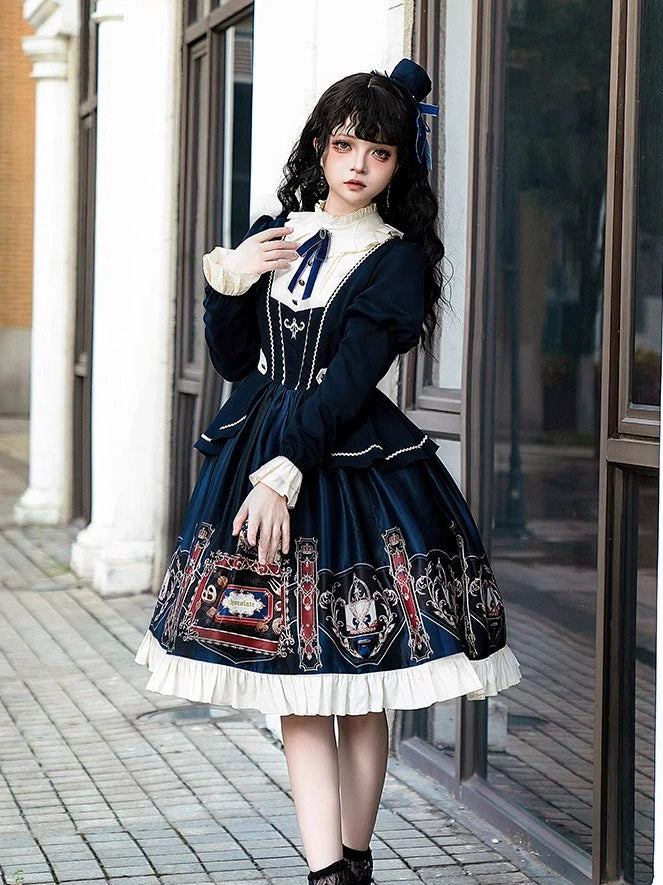 Jinmu~Chocolate Academy~Vintage Lolita OP Long Puff Sleeve Schoolgirl Lolita Dress 40344:657238