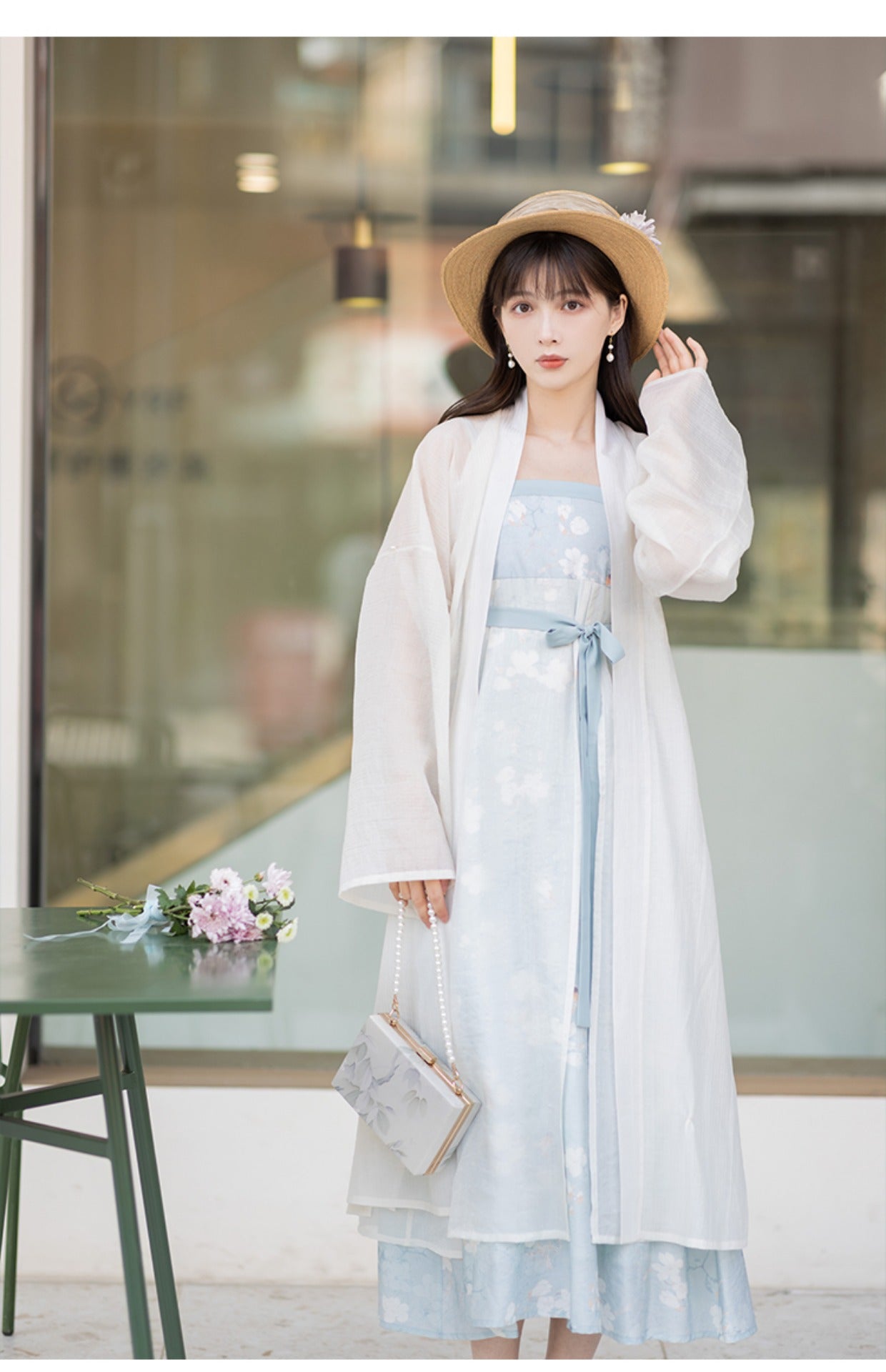 Chixia~Cloud And Water Blue~Elegant Han Lolita Dress and Long Gown S long blouse + dress (two-piece set) 