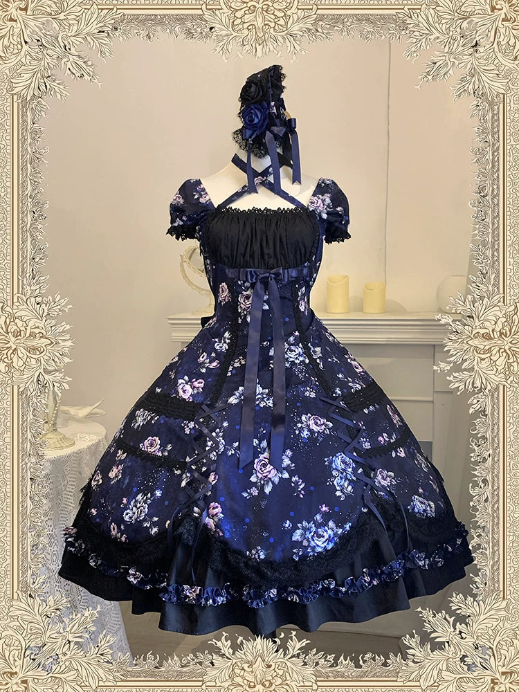 Starry Whisper - Six-panel Old School Lolita Rose Print OP Dress, Back Opening (L M S XL) 45791:865207