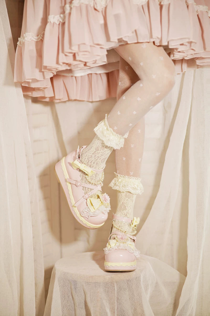 Pearl Floral Reverie - Sweet Lolita Shoes, Detachable Pearl Chain and Floral Accent 45531:852238