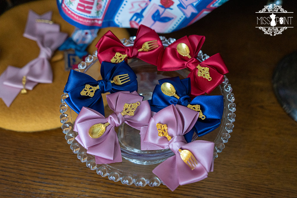 Miss Point - Berry Rose Lolita Accessories Collection KC Beret Necklace wine red knife and fork ribbons side clips (1 pair)