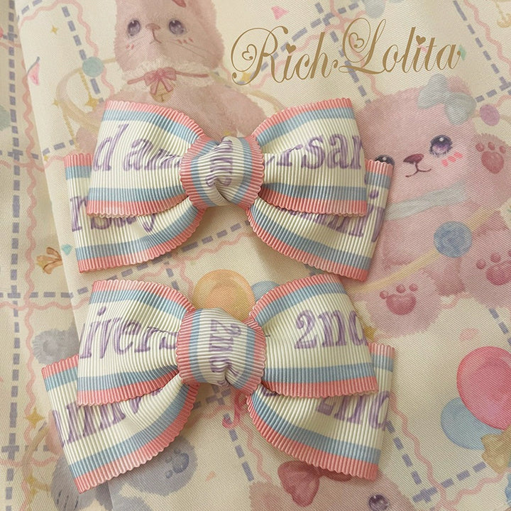 RichLolita~Starry Pudding Bear~Sweet Lolita Jumper Dress Printed OP Dress XS Woven ribbon bow side clip ( a pair) 