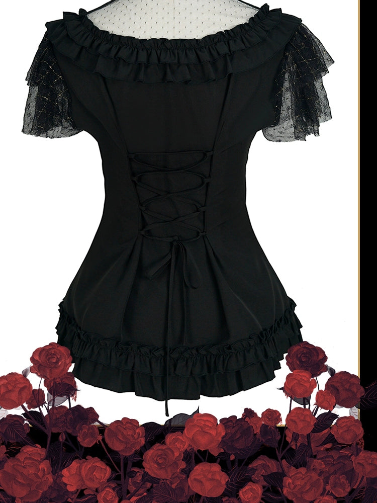 Cat Highness - Gothic Lolita Shirt Black Flounce Hem Short Sleeve Shirt