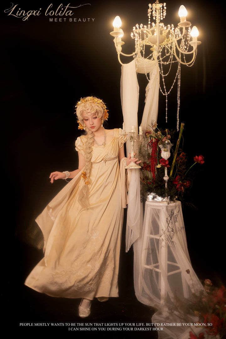 Lingxi Lolita~Ophelia~Vintage Lolita OP Dress Empire Waist Satin Dress   
