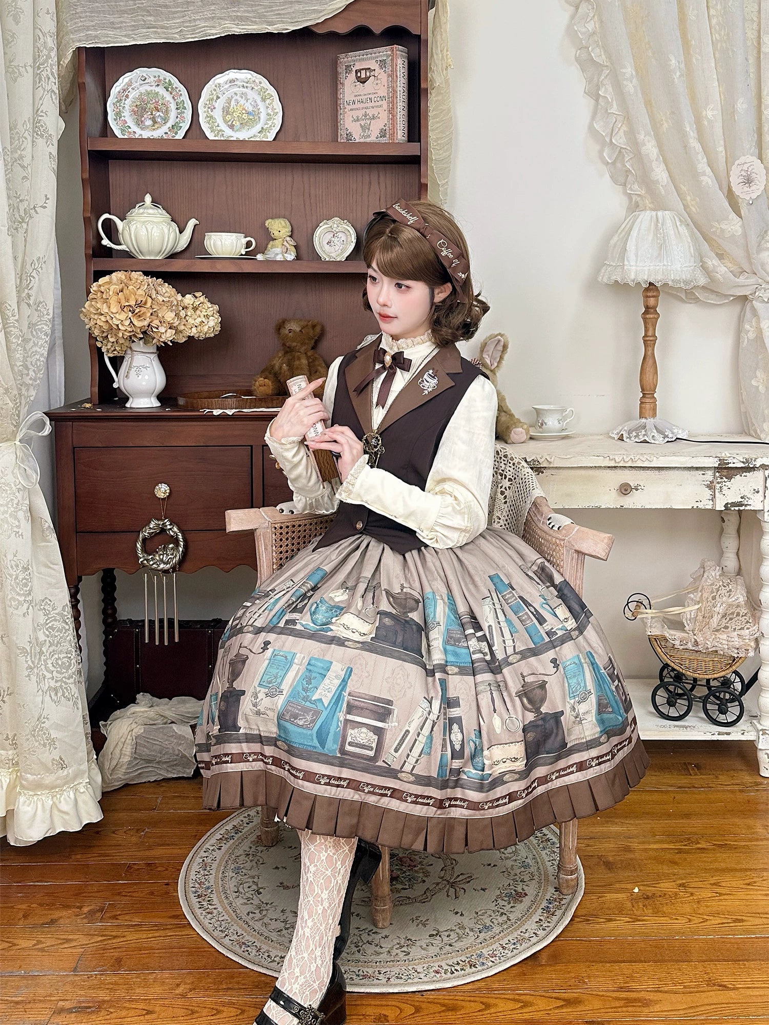 Coffee Bookshelf - Classic Lolita JSK and SK Set, Coffee Cup and Book Print 45611:856233