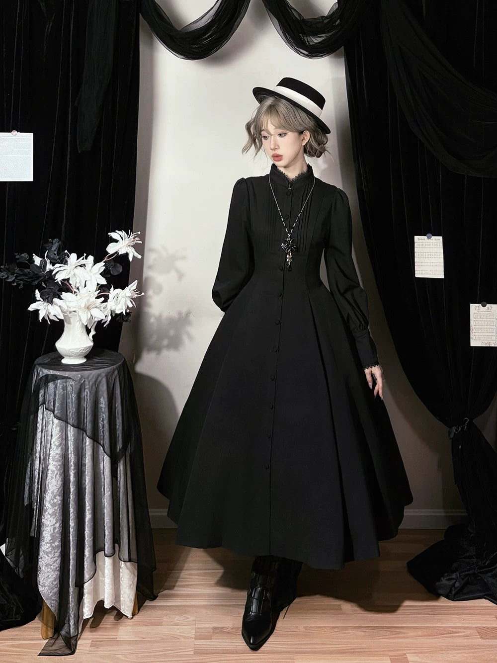 Astrea - Black Classic Lolita Long OP Dress, Side Pockets 44500:810347