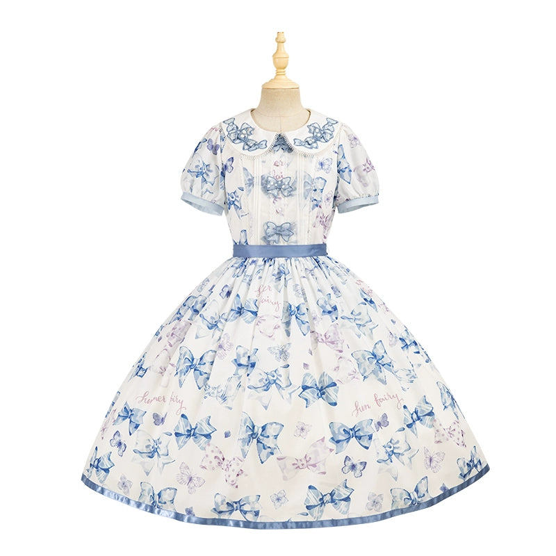 Summer Fairy~Eternal Garden~Sweet Lolita Dress Suit Elegant Open-Shoulder OP and JSK Blue bow collar short-sleeved OP XS