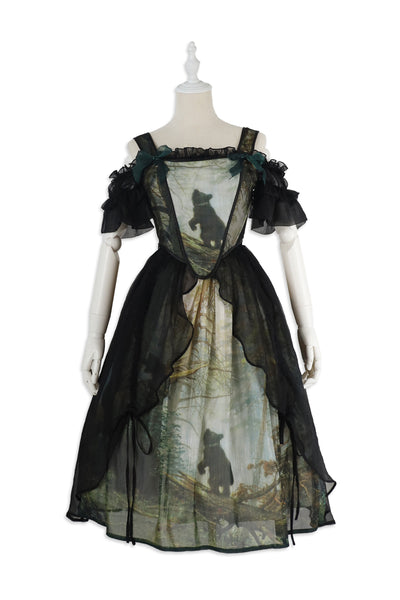 Cyan Lolita~Morning of Pine Forest~Elegant Lolita Bear Print Skirt S skirt+No.2 corset+black inner skirt 