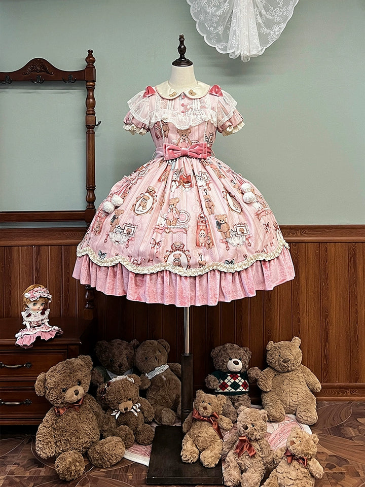 Alice Girl~Bear Doll Wall~Sweet Lolita OP Lovely Bear Print Dress XS Pink 