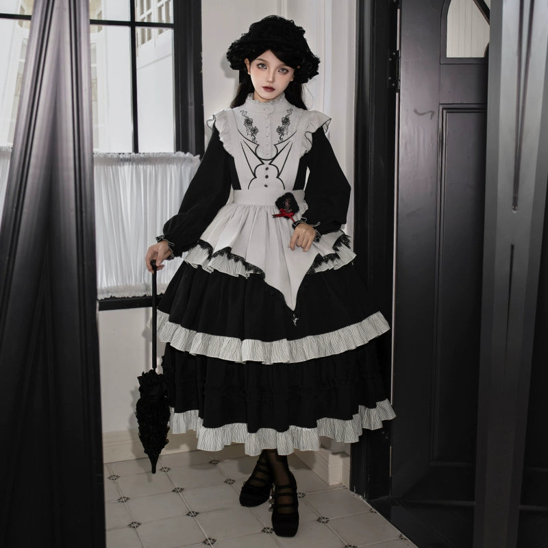 With PUJI~Castle Night~Gothic Twins Lolita OP Three-tiered Embroidery Dress