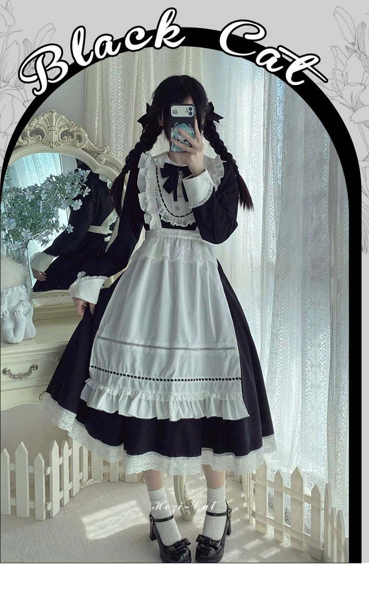 Hezi's Cat Haven~Black Cat Butler~Maid Lolita OP Dress Elegant Black and White Dress