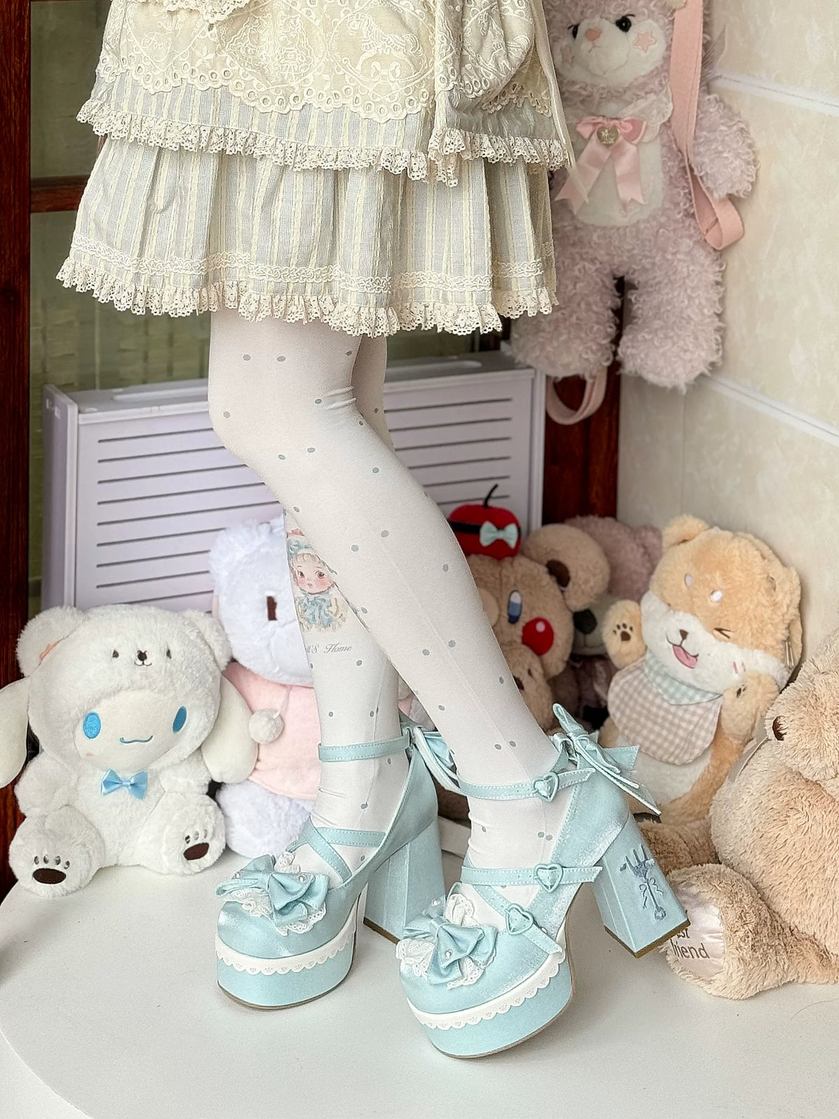 Tea Party Tale - Sweet Lolita Platform Heels, Bow Strap & Fork Embroidery 45905:867635