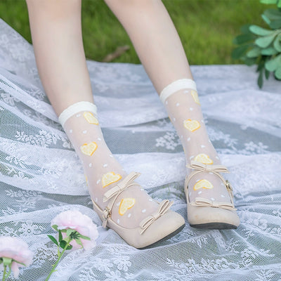 Roji Roji~Heart Beat Lemon~Sweet Lolita Socks Summer Thin Glass Silk Mid-tube Socks   