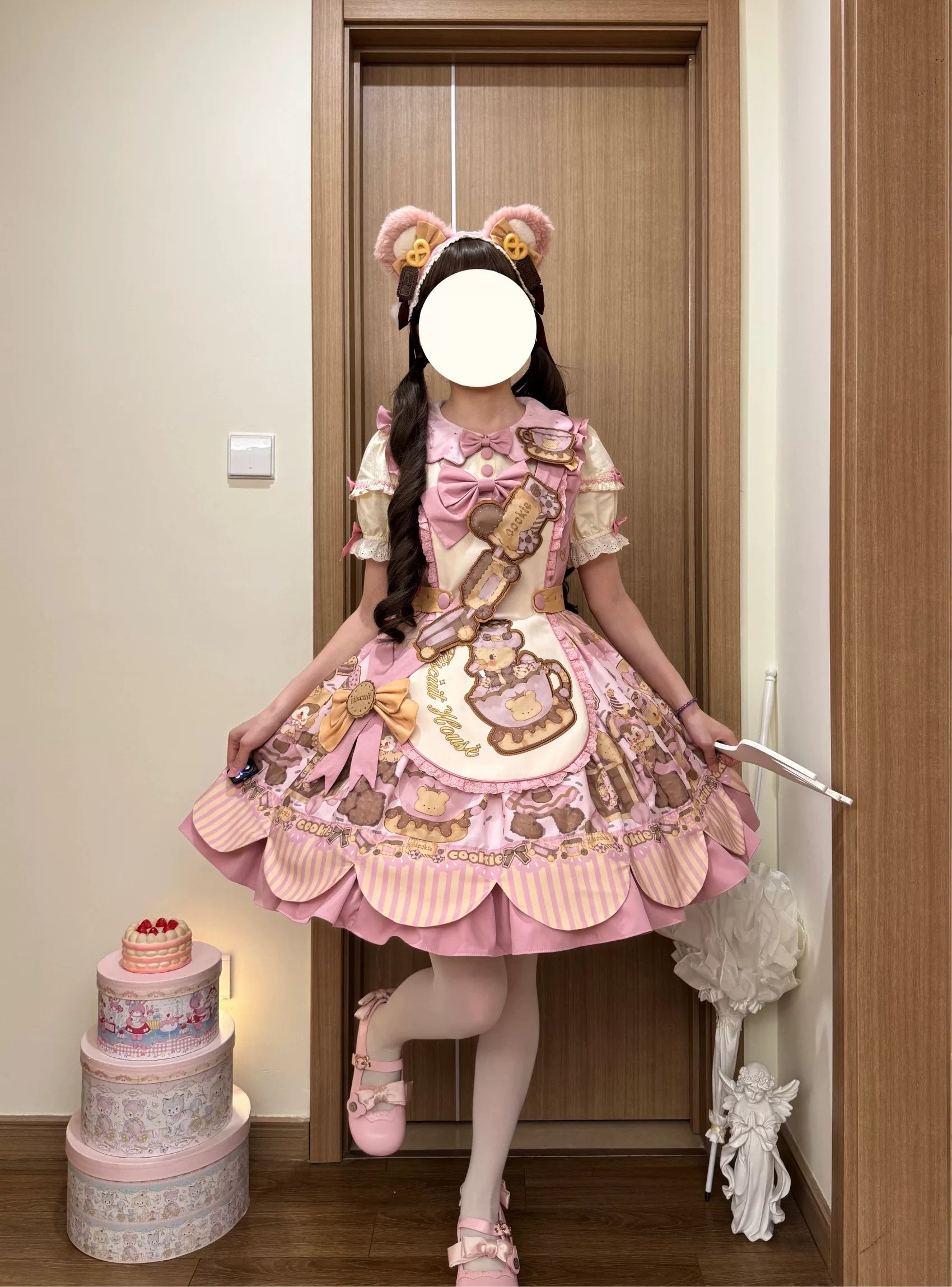 Bear Biscuit SP - Kawaii Lolita Bear Printed Dress Set with Bows 45375:846413