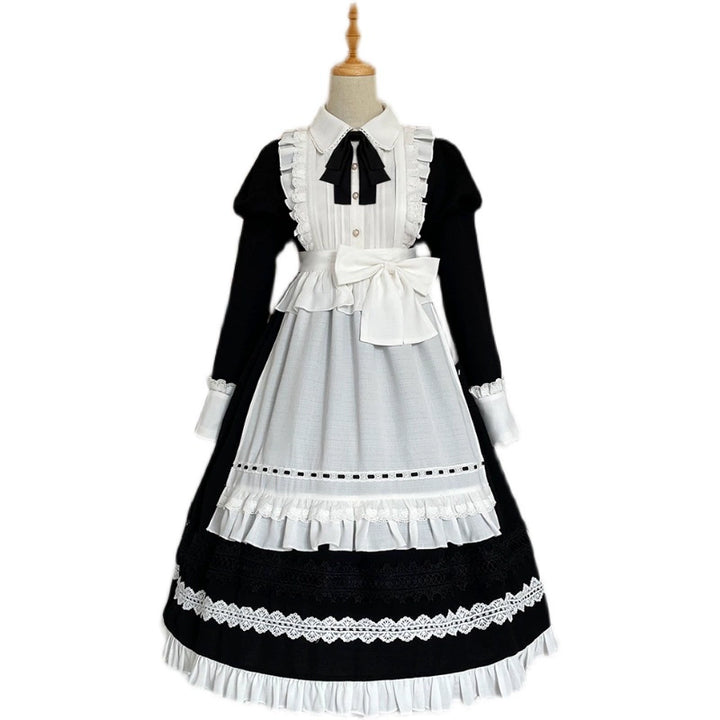 Sweet Date~Halloween Gothic Lolita OP Maid Lolita Dress Elegant Lolita OP S Long-sleeved OP+ apron 