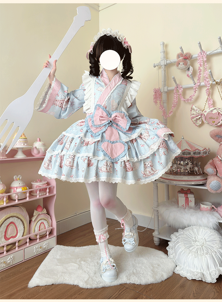 Niu Niu~Showa Moe Bear~Plus Size Wa Lolita Dress Set Kawaii Lolita SK Suit