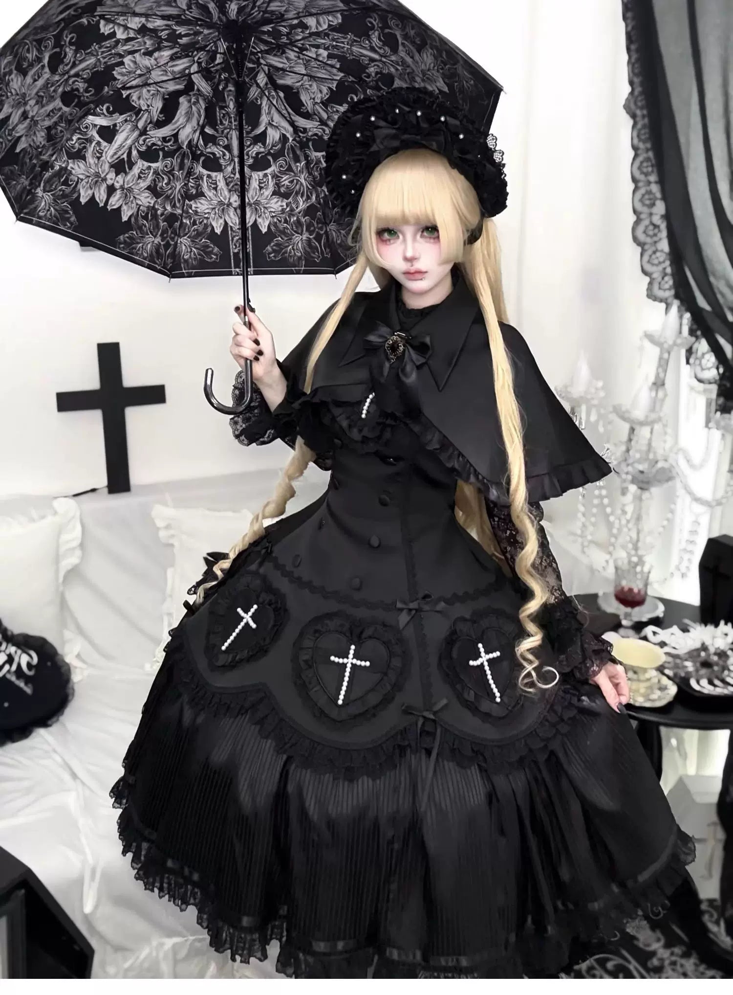 Nocthymn Cross - Gothic Lolita OP Dress with Pearled Cross, Detachable Sleeves 45813:863457