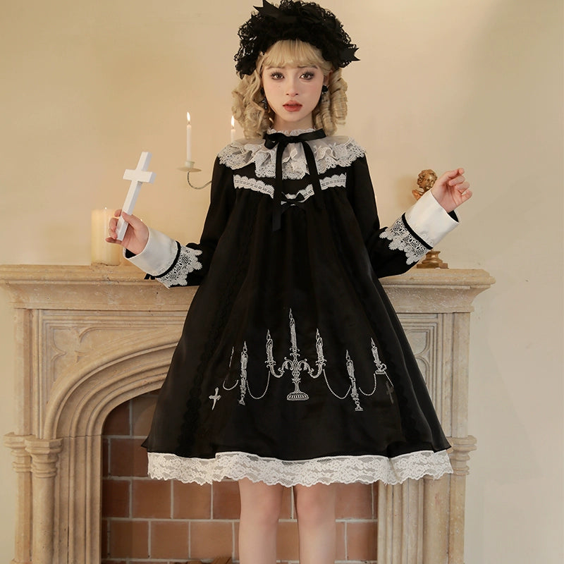 Mademoiselle Pearl~Winter Evening Prayer~Gothic Lolita Jumper Dress Embroidered Candlestick OP Dress   