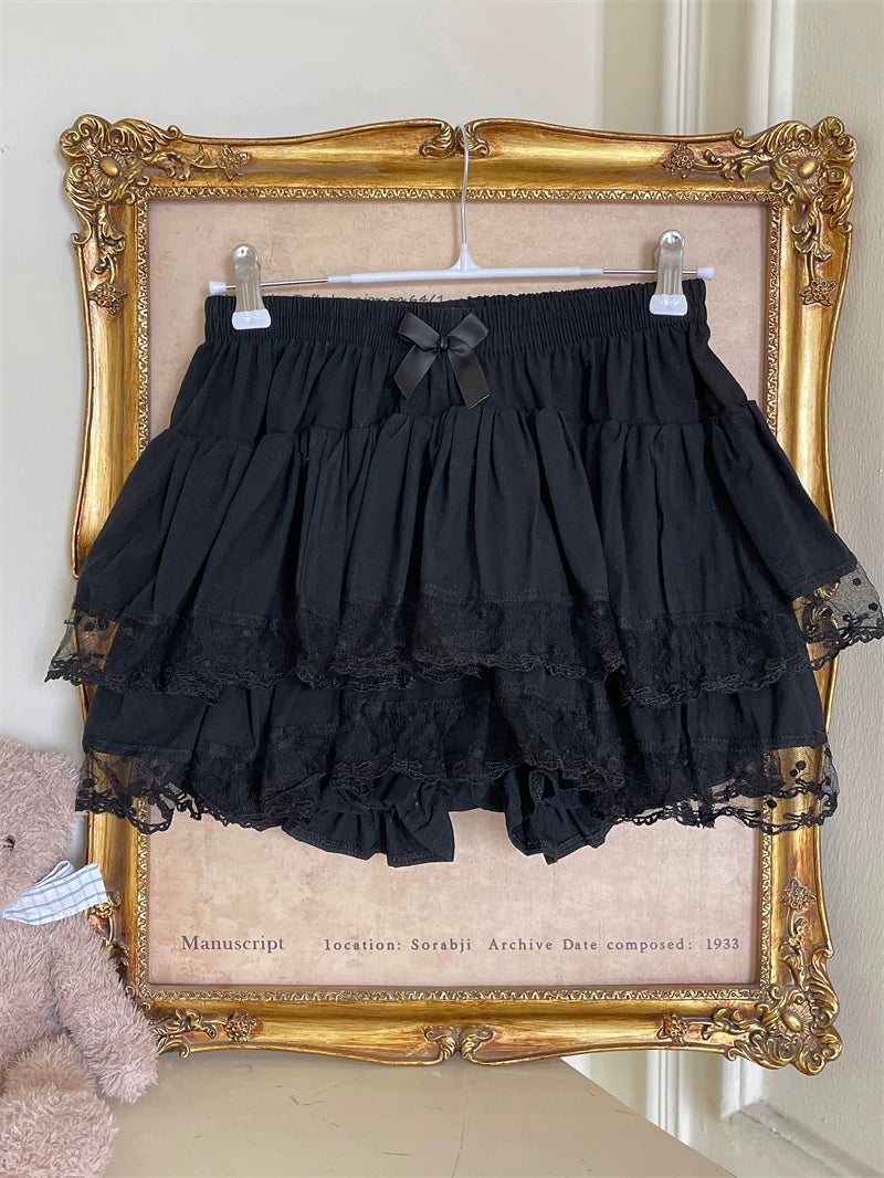 Sweet Lolita Cotton Bloomers, Lace Polka Dot Hem Black One Size