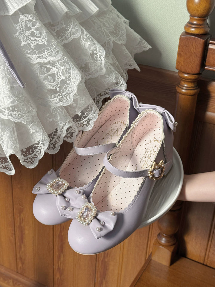 Pure Tea For Dream~Vintage Gemstone~Sweet Lolita Shoes Round Toe Heels with Bow