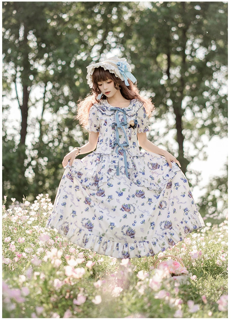 With PUJI~Berry Basket~Country Lolita OP Dress Blueberry Print Dress   